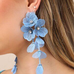 Lulus Cerealia Blue Flower Rhinestone Drop Earrings - Size One Size
